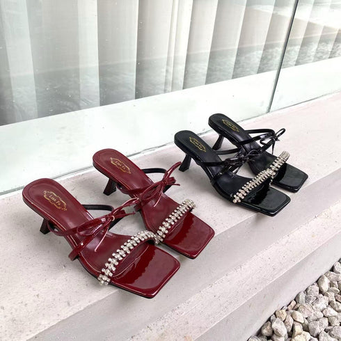 Double Strap Crystal Embedded Open Toe Heel